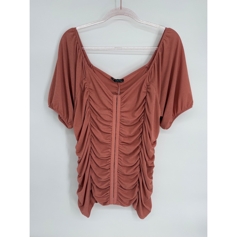 Luna Moon Sz 2XL Women's Ruched Square Neck‎ Puff Sleeve Top Rose Pink